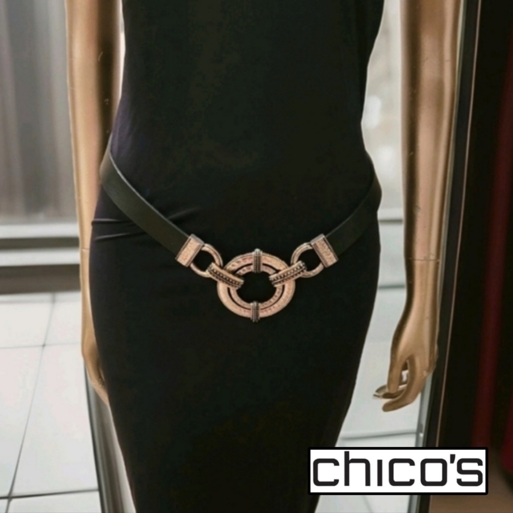 NWOT Chicos Black Genuine Leather Adjustable Silver Buckle Latch Belt